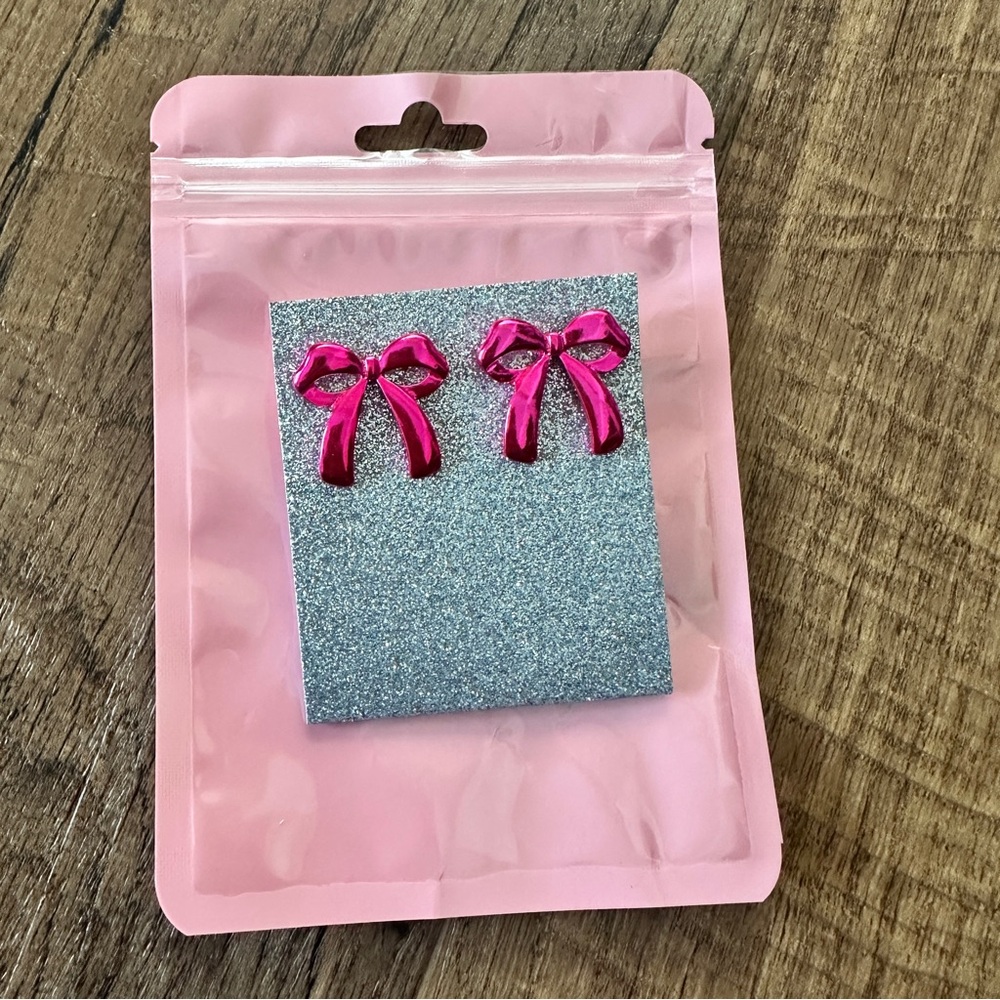 Metallic Pink Bow metal earrings with large comfortable backings True to Form